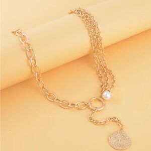 Simulated Pearl Pendant with Link Chain Necklace and Hammered charm